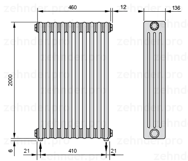 Схема (чертеж) Радиатор Zehnder Charleston 4200/10 №5310 Белый глянцевый RAL 9016